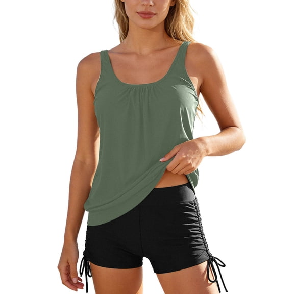 DHFJKG Womens Tummy Control Tankini Swimsuits Solid Color Bathing Suit Scoop Neck Two Piece Swimwear With Shorts Stylish Beachwear