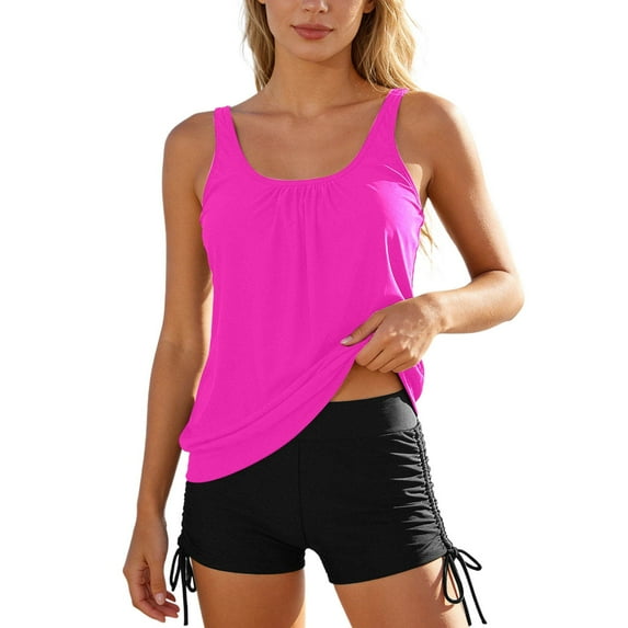 DHFJKG Womens Tummy Control Tankini Swimsuits Solid Color Bathing Suit Scoop Neck Two Piece Swimwear With Shorts Vacation Beachwear