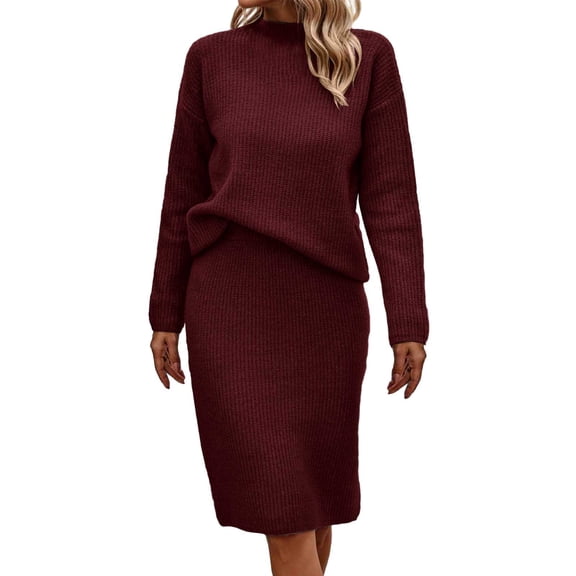 DHFJKG Womens Turtleneck 2 Piece Outfits Ribbed Knit Sweater Skirt Sets Solid Color Long Sleeve Top Knee Length Skirts Casual Sweaters Set Soft Outfit