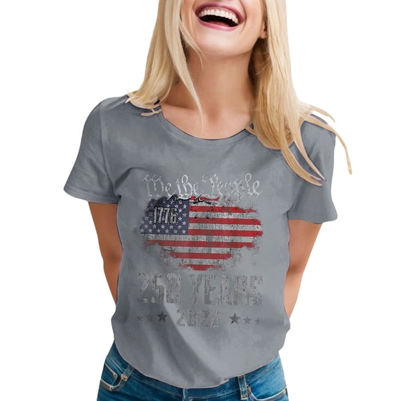 DHFJKG Womens US National Flag Graphic Tee Casual Short Sleeve Crew Neck T Shirt Celebrate America's 250Th Anniversary Tops