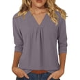 thumbnail image 1 of DHFJKG Womens V Neck T Shirt Loose Fit 3/4 Sleeve Solid Color Basic Tee Summer Breathable Linen Beach Vacation Clothes Soft Tops, 1 of 5