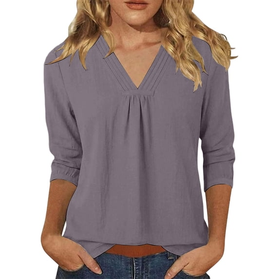 DHFJKG Womens V Neck T Shirt Loose Fit 3/4 Sleeve Solid Color Basic Tee Summer Breathable Linen Beach Vacation Clothes Soft Tops