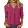 thumbnail image 1 of DHFJKG Womens V Neck T Shirt Loose Fit 3/4 Sleeve Solid Color Basic Tee Summer Breathable Linen Beach Vacation Clothes Trendy Tops, 1 of 5