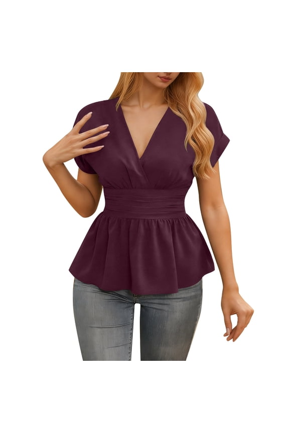 Womens V Neck T Shirts Summer Short Sleeve Ruched Ruffle Dressy Blouses Shirt Sexy Low Cut Casual Flared Hem Stylish Tops