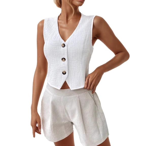 DHFJKG Womens V Neck Tank Top Button Front Sleeveless Slim Fit Solid Color Basic Cropped Cami Shirts For Ladies Versatile Tops
