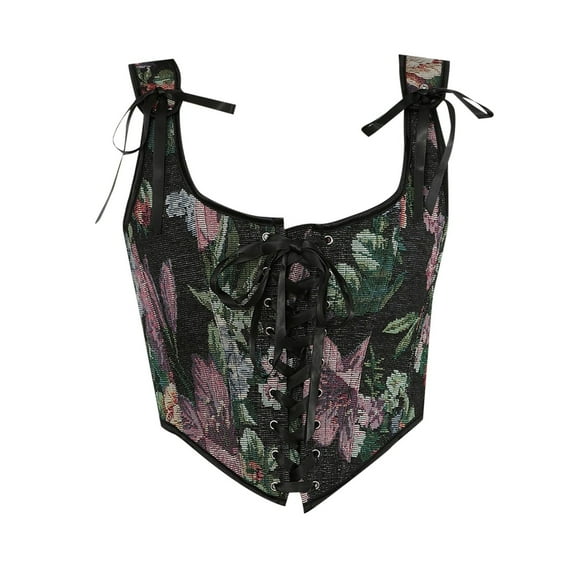DHFJKG Womens Vintage Floral Print Corset Grommet Lace Up Tie Front Bustier Shapewear Spaghetti Strap Classic Waist Cincher Tops