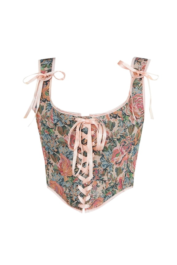 Womens Vintage Floral Print Corset Grommet Lace Up Tie Front Bustier Shapewear Spaghetti Strap Classic Waist Cincher Tops
