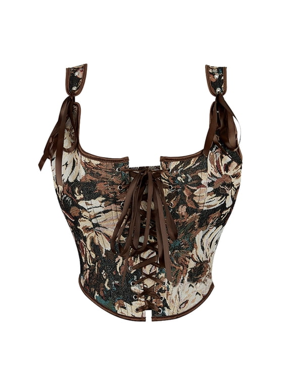 Womens Vintage Floral Print Corset Grommet Lace Up Tie Front Bustier Shapewear Spaghetti Strap Stylish Waist Cincher Tops