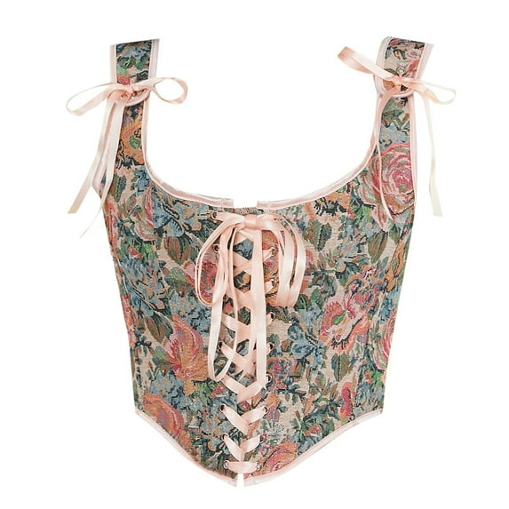DHFJKG Womens Vintage Floral Print Corset Grommet Lace Up Tie Front Bustier Shapewear Spaghetti Strap Stylish Waist Cincher Tops