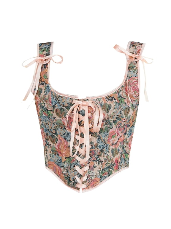 Womens Vintage Floral Print Corset Grommet Lace Up Tie Front Bustier Shapewear Spaghetti Strap Versatile Waist Cincher Tops