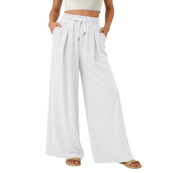 DHFJKG Womens Wide Leg Pants Jogging Bottoms Solid Color Drawstring Elastic Waist Loose Fit Pleated Summer Breathable Pants Soft Trousers