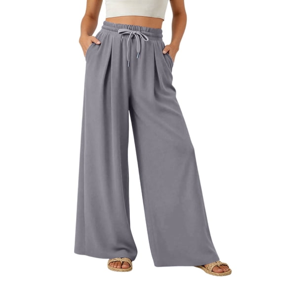 DHFJKG Womens Wide Leg Pants Jogging Bottoms Solid Color Drawstring Elastic Waist Loose Fit Pleated Summer Breathable Pants Trendy Trousers