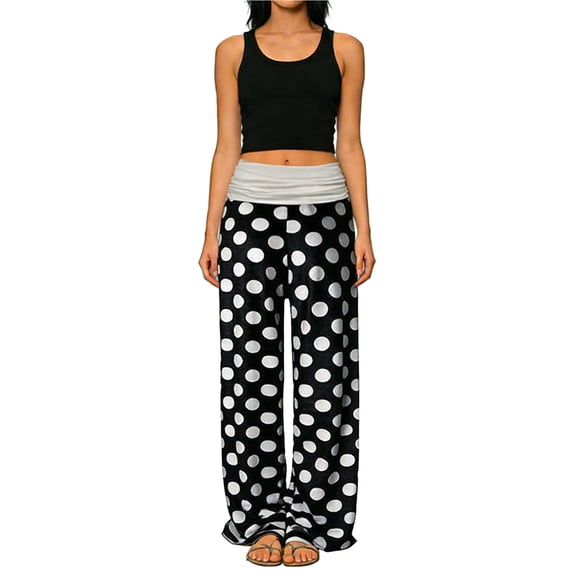 DHFJKG Womens Wide Leg Pants Patchwork Yoga Pants Loose Fit Ruched Casual Vintage Polka Dot Summer Soft Loungewear Bottoms Trendy Trousers