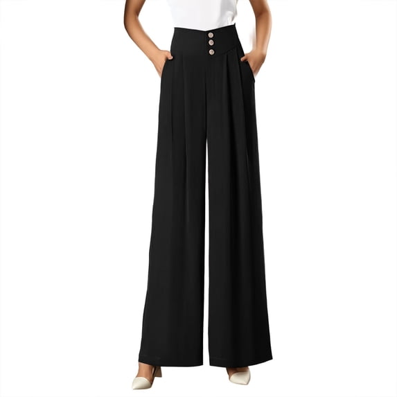DHFJKG Womens Wide Leg Suit Pants Lightweight High Waist Floor-Length Solid Color Pleated Trousers Office Lady Casual Trousers