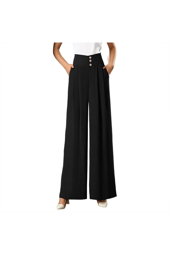 Womens Wide Leg Suit Pants Lightweight High Waist Floor-Length Solid Color Pleated Trousers Office Lady Comfort Trousers