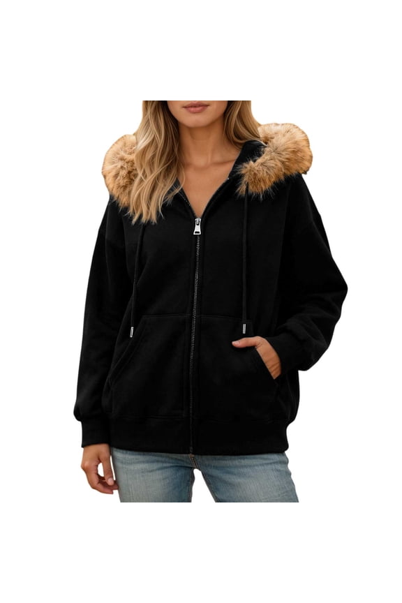 Womens Winter Zip Up Hoodies Jacket Fluffly Shaggy Trim Hooded Fuzzy Lining Loose Fit Sweatshirt Outerwear With Drawstring And Pockets Classic Coat
