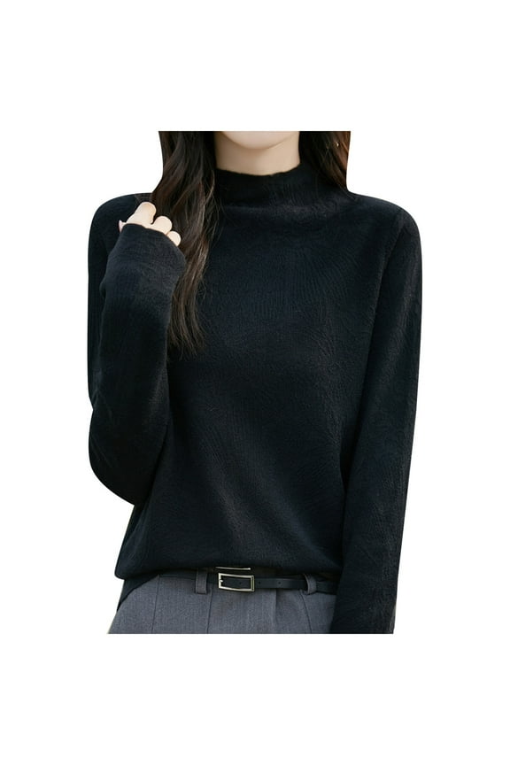 Womens Wool Blend Sweater Knitwear Half Turtleneck Long Sleeved Solid Color Loose Fit Base Layer Pullover Soft Jumper Tops