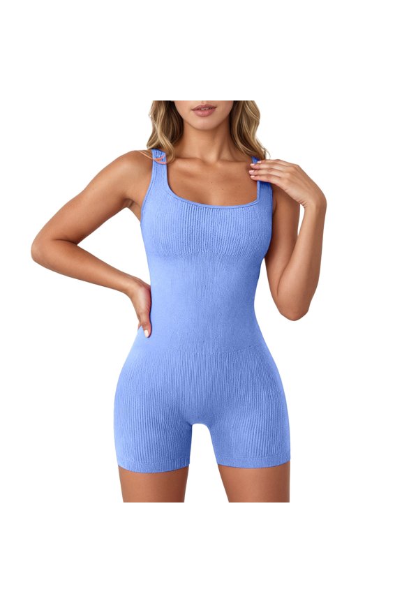Womens Workout Jumpsuits Shorts Rompers Sleeveless One Piece Jumpers Yoga Summer Fashion Ribbed Square Neck Soft Onesie