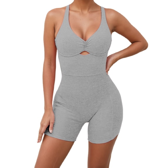 DHFJKG Womens Workout Romper Backless Yoga Short Jumpsuit Summer Gym Athletic Outfit Activewear Sleeveless V Neck Soft Fitness Trendy Onesie
