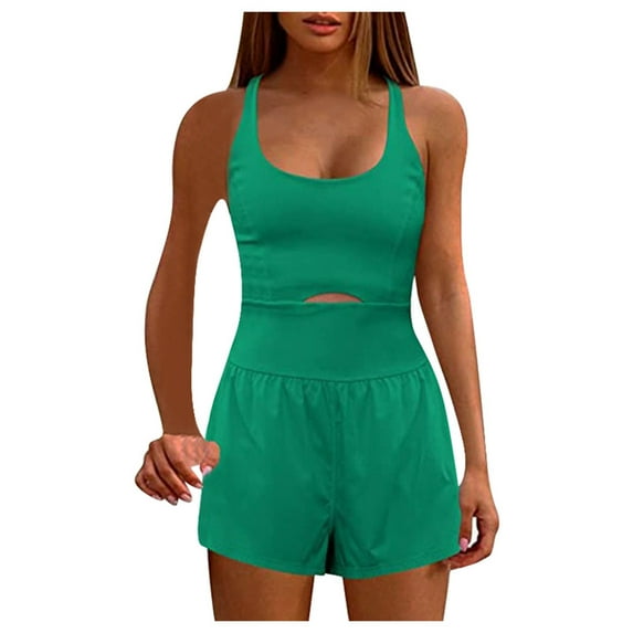 DHFJKG Womens Workout Yoga Rompers Sleeveless Scoop Neck Hallow Out Sexy Slim Fit Tummy Control One Piece Shorts Jumpsuit For Gym Tennis Soft Onesie