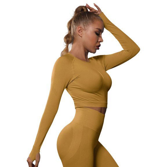 DHFJKG Womens Yoga Crop Top Seamless Tight Solid Color Long Sleeve Top Strechy Workout Running Breathable Athletic Comfort Tops