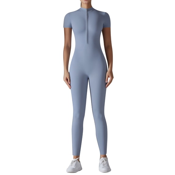 DHFJKG Womens Yoga Jumpsuits Workout Onesie Summer Gym Short Sleeve Zip Front High Neck Buttery Soft Tummy Control Stylish One-Pieces