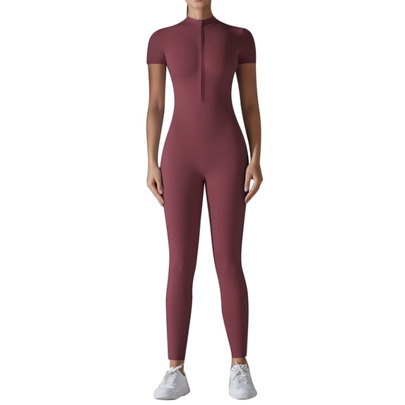 DHFJKG Womens Yoga Jumpsuits Workout Onesie Summer Gym Short Sleeve Zip Front High Neck Buttery Soft Tummy Control Versatile One-Pieces