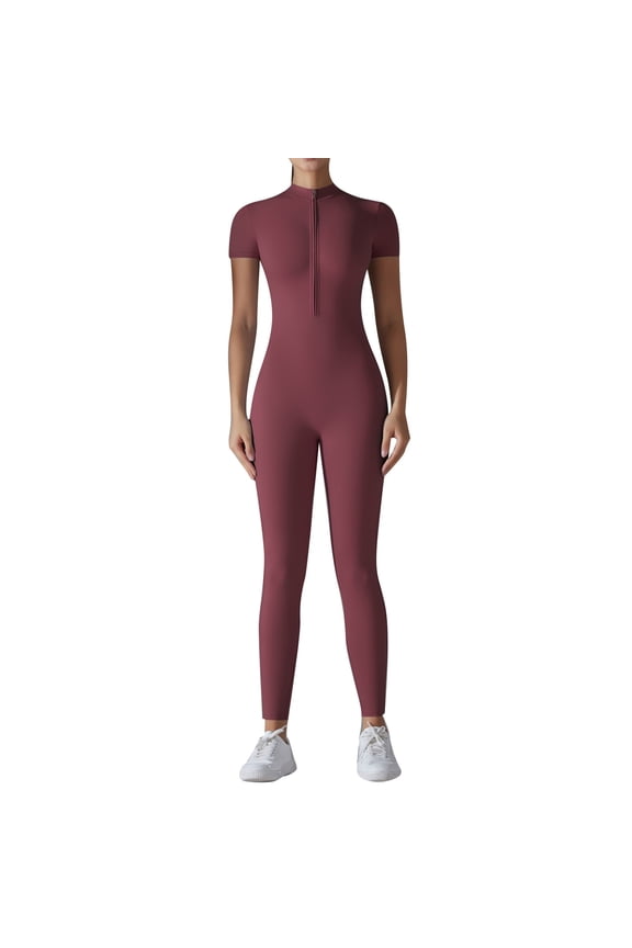 Womens Yoga Jumpsuits Workout Onesie Summer Gym Short Sleeve Zip Front High Neck Buttery Soft Tummy Control Versatile One-Pieces