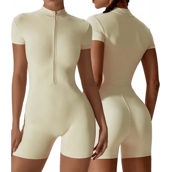 DHFJKG Womens Yoga Rompers Workout Onesie Summer Gym Short Sleeve Zip Front High Neck Buttery Soft Tummy Control Trendy One-Pieces