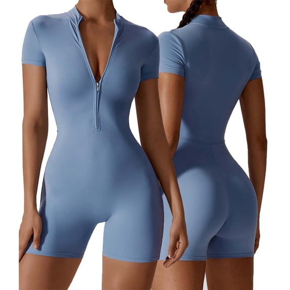 DHFJKG Womens Yoga Rompers Workout Onesie Summer Gym Short Sleeve Zip Front High Neck Buttery Soft Tummy Control Trendy One-Pieces
