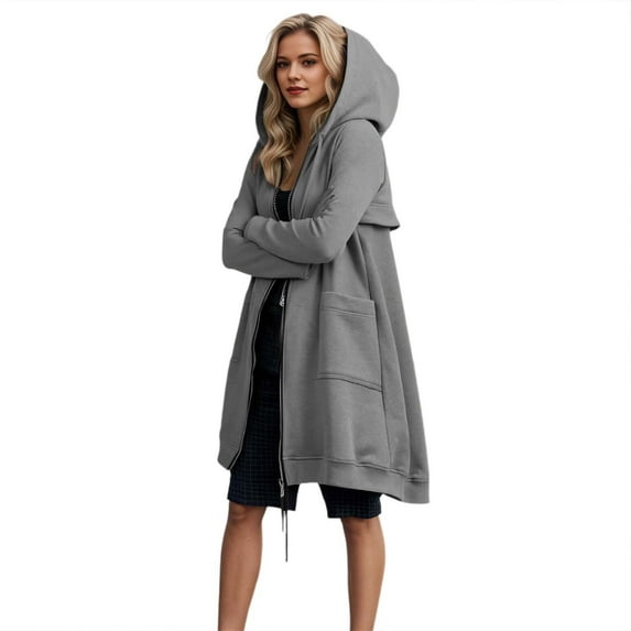 DHFJKG Womens Zip Up Long Hoodies Solid Color Mid-Length Hooded Coat With Pockets Winter Comfort Coat