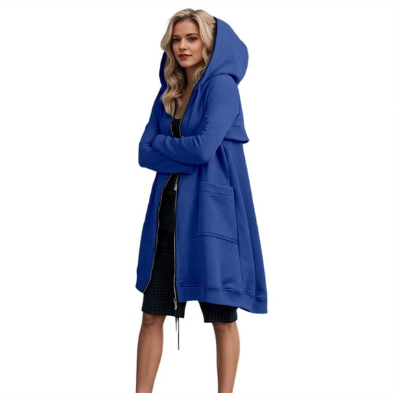 DHFJKG Womens Zip Up Long Hoodies Solid Color Mid-Length Hooded Jacket With Pockets Winter Leisure Coat