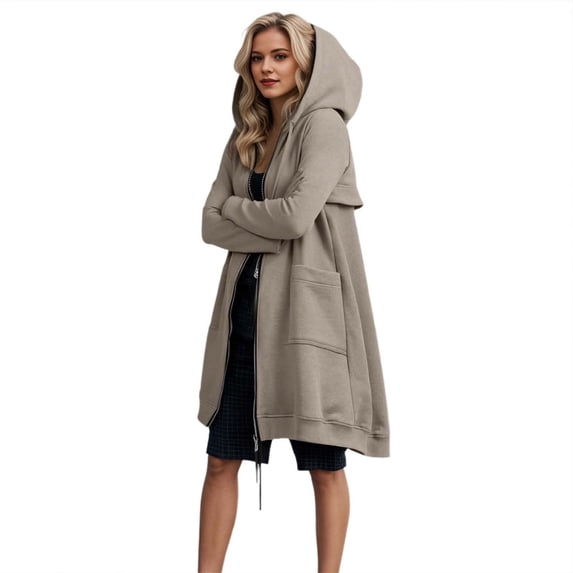 DHFJKG Womens Zip Up Long Hoodies Solid Color Mid-Length Hooded Jacket With Pockets Winter Leisure Coat