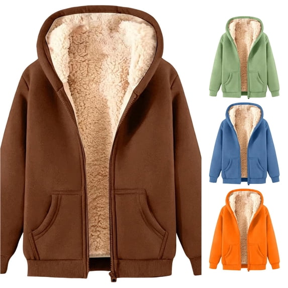 DHFJKG Womens Zip Up Sherpa Hoodie Winter Jacket Long Sleeve Thick Fuzzy Lining Warm Coat Outerwear