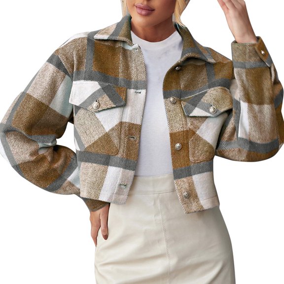 DHFJKG Woolen Crop Jackets For Women Plaid Long Sleeve Collared Button Down Jacket Autumn Winter Versatile Outerwear