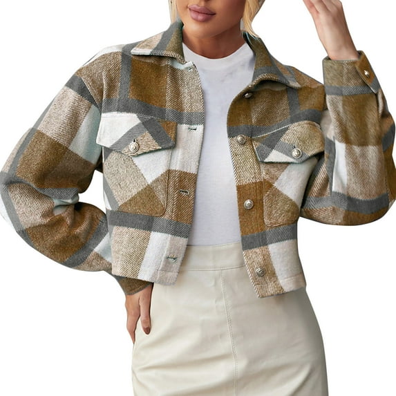 DHFJKG Woolen Crop Jackets For Women Plaid Long Sleeve Collared Button Down Jacket Autumn Winter Versatile Outerwear
