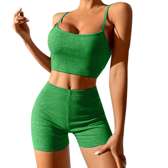 DHFJKG Workout Sets For Women 2 Piece Ribbed Crop Tank High Waist Shorts Tummy Control Yoga Outfits For Runing Gym Athletic