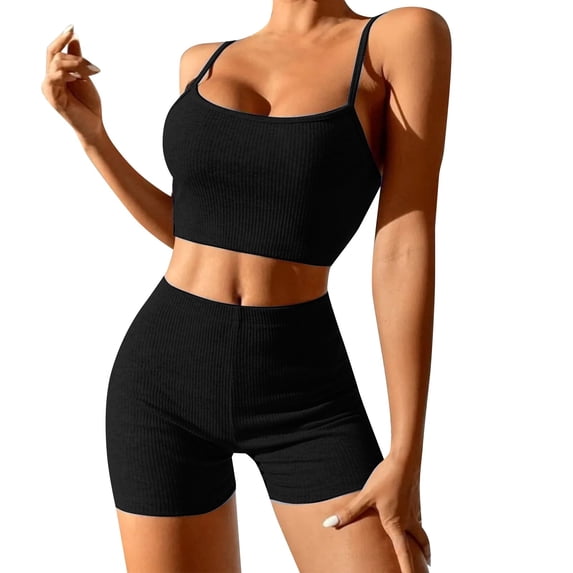 DHFJKG Workout Sets For Women 2 Piece Ribbed Crop Tank High Waist Shorts Tummy Control Yoga Outfits For Runing Gym Athletic
