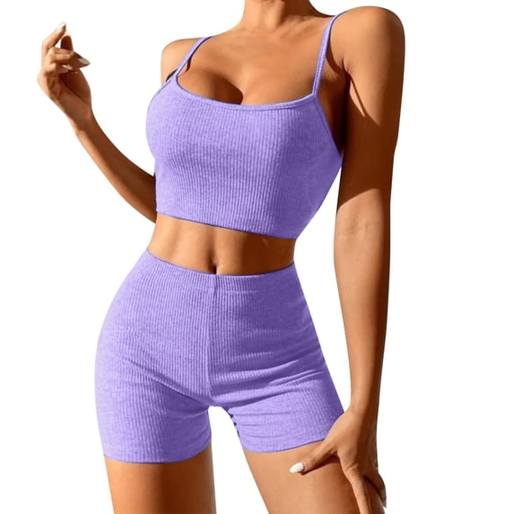 DHFJKG Workout Sets For Women 2 Piece Ribbed Crop Tank High Waist Shorts Tummy Control Yoga Outfits For Runing Gym Athletic