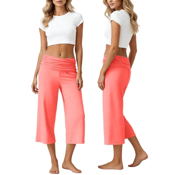 DHFJKG Yoga Capri Pants For Women Fold Over Low Rise Solid Color Stretchy Soft Cropped Pants Workout Gym Clothes Versatile Trousers