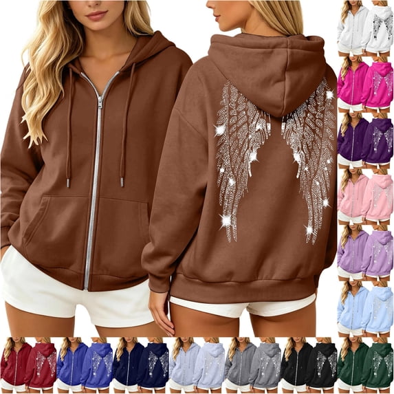 DHFJKG Zip Up Hoodie Women Rhinestone Wing Graphic Glitter Long Sleeve Sweatshirt Fall Trendy Streetwear Jackets