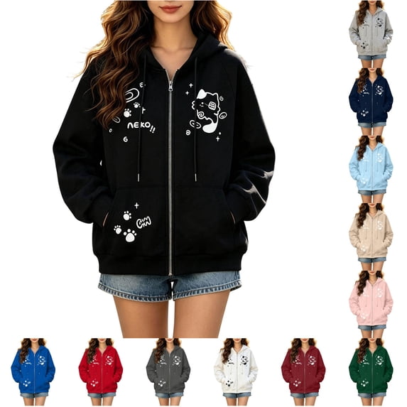 DHFJKG Zip Up Hoodies Women Cute Cat Printed Sweatshirts Kawaii Long Sleeve Fall Sports Jackets