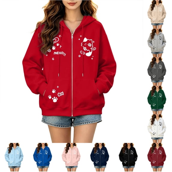 DHFJKG Zip Up Hoodies Women Cute Cat Printed Sweatshirts Kawaii Long Sleeve Fall Sports Jackets