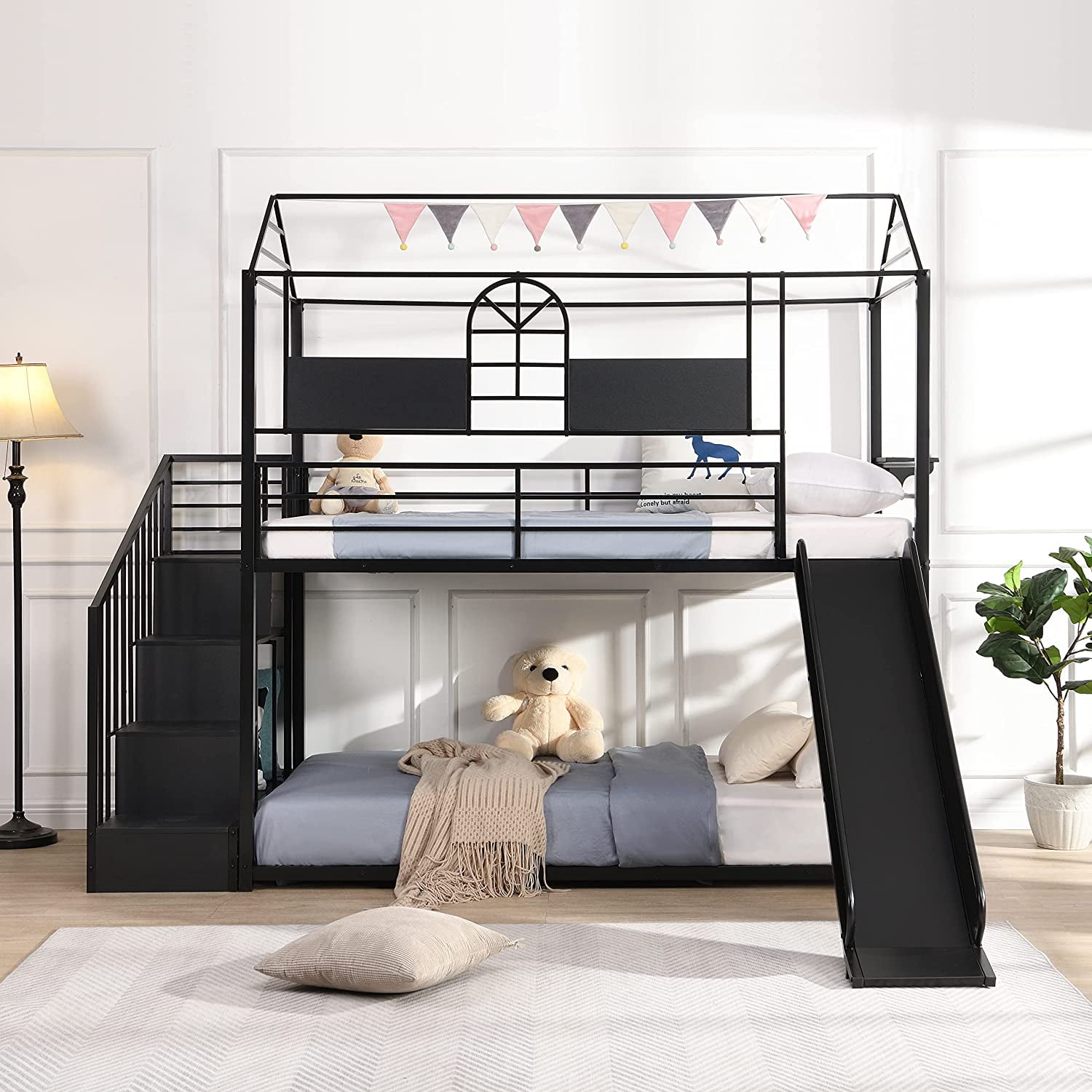 DHHU Twin Over Full Bunk Bed with Metal Frame Guardrail and Ladder ...