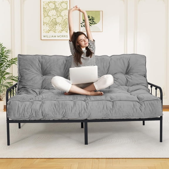 DHMAKER 8-inch Futon Mattress Queen Size, Thick Futon Sofa Bed Foldable Floor Sleeping Pad for Adults, Portable Floor Bed Mattress, Velvet Tatami Mat (Frame Not Included), Light Grey, 60"x80"