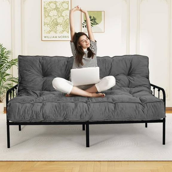 DHMAKER 8-inch Futon Mattress Queen Size, Thick Futon Sofa Couch Bed Foldable Floor Sleeping Pad for Adults, Portable Floor Bed Mattress, Velvet Tatami Mat (Frame Not Included), Deep Grey, 60"x80"
