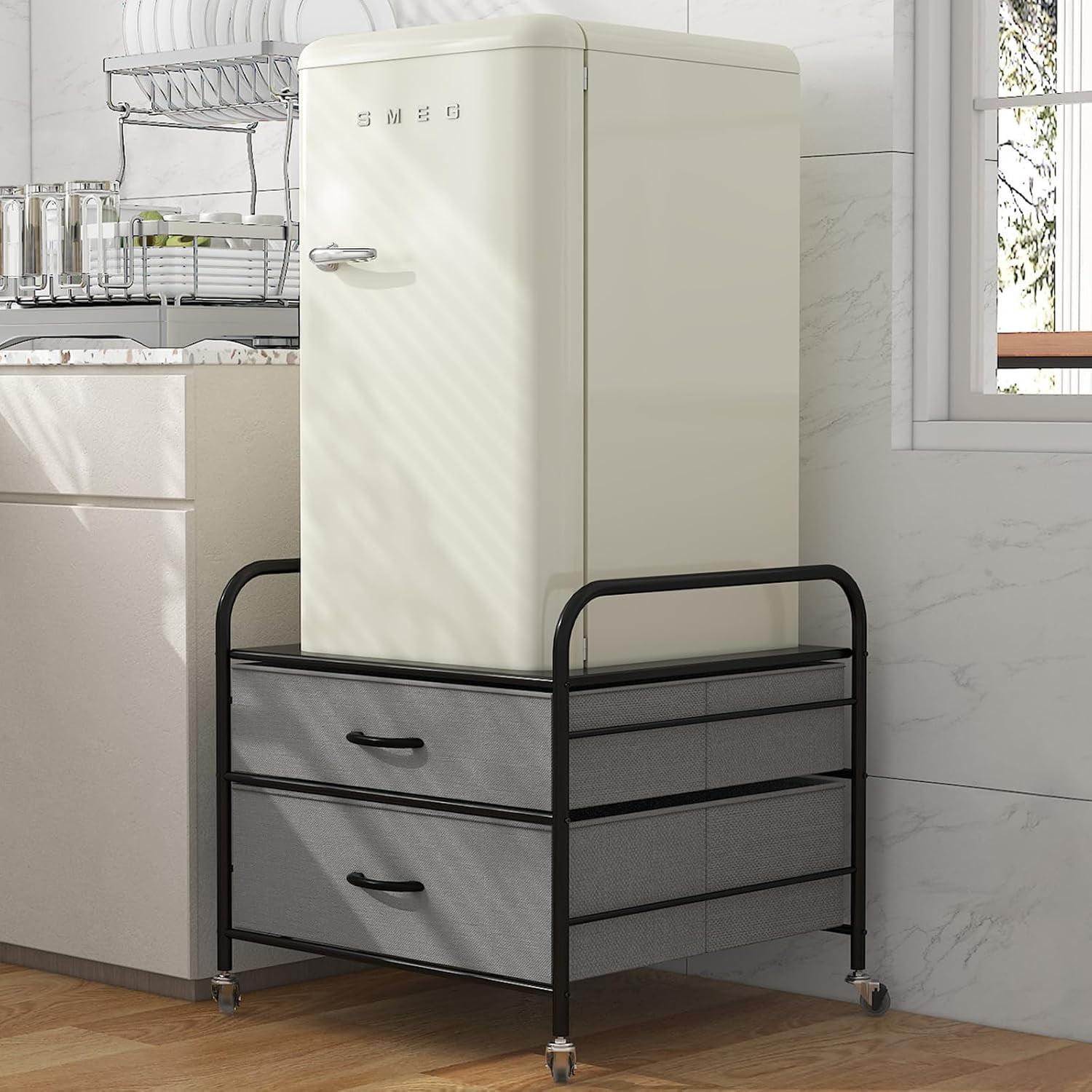 DHMAKER Mini Fridge Stand with Storage, 2 Drawer Fridge Organizer with