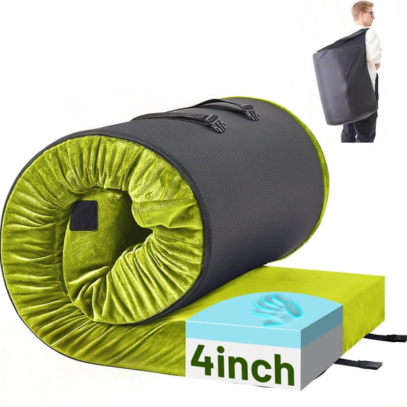 DHOLE 4 Inch Gel Memory Foam Camping Mattress, CertiPUR-US Certified Thick Sleeping Pad, Waterproof & Soft Fleece Top, Portable Roll-Up Mat with Multi-Function Storage Bag & Pillow for Tent Camping