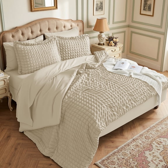 DHOLE Full Comforter Set 7 Pieces – Seersucker Textured Waffle Weave Bed in a Bag, All-Season Lightweight Microfiber Bedding Sets with Sheets & Pillow Shams, Farmhouse Vintage Decor – Beige