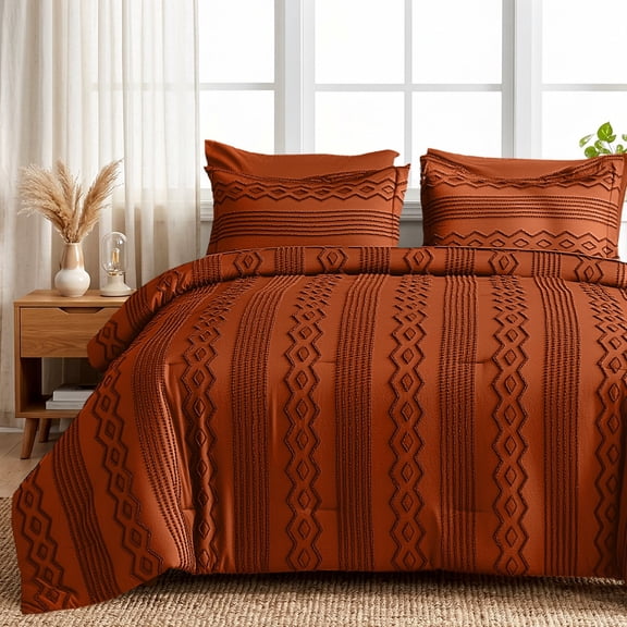 DHOLE Full Size 7-Piece Bed in a Bag Comforter Set – Boho Tufted Shabby Chic Bedding, Ultra Soft Microfiber All-Season Vintage Farmhouse Duvet Cover Set with Pillow Shams - Orange